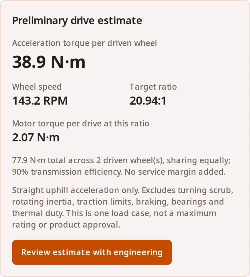 AGV AMR gearbox calculator example: 38.9 N m per driven wheel and a 20.94 to 1 target ratio